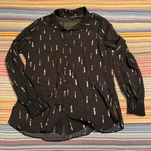 Jane & John Black Metallic Foil Sheer Button Down Blouse Smocked‎ Cuff Small
